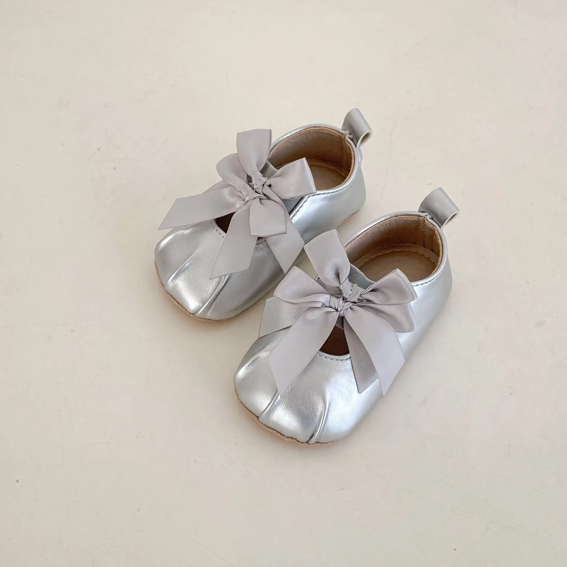 Silver Bow Baby Shoes for Toddler Girls