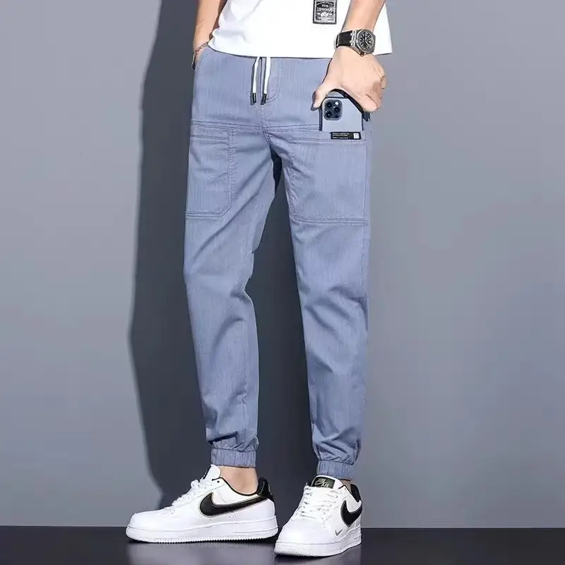 Men Dark Blue Elastic Waist Straight Leg Pants 2025