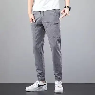 Men Dark Blue Elastic Waist Straight Leg Pants 2025