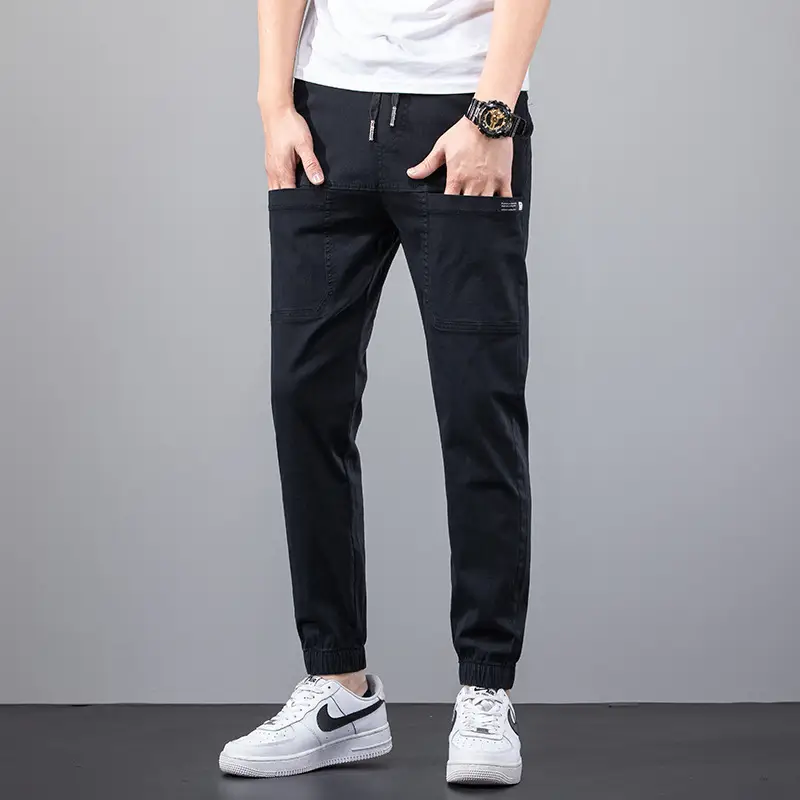 Men Dark Blue Elastic Waist Straight Leg Pants 2025