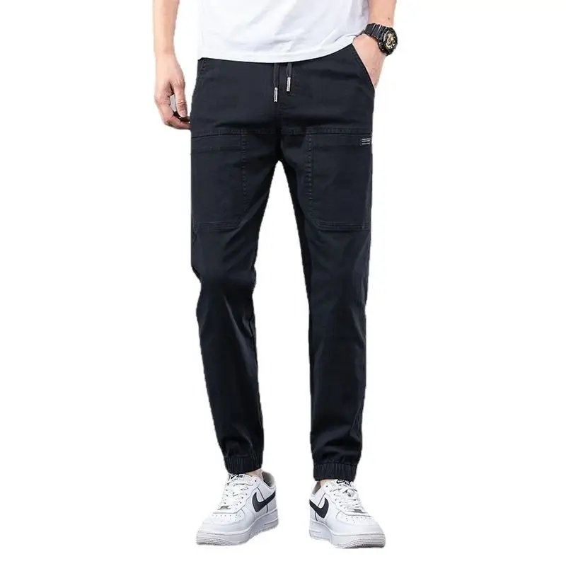 Men Dark Blue Elastic Waist Straight Leg Pants 2025