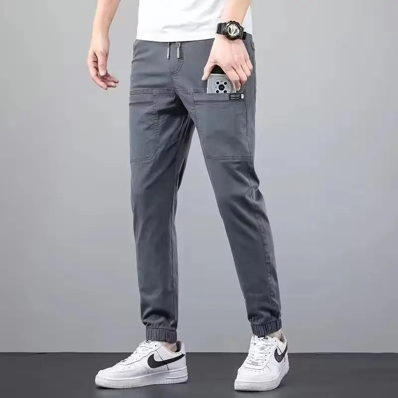 Men Dark Blue Elastic Waist Straight Leg Pants 2025