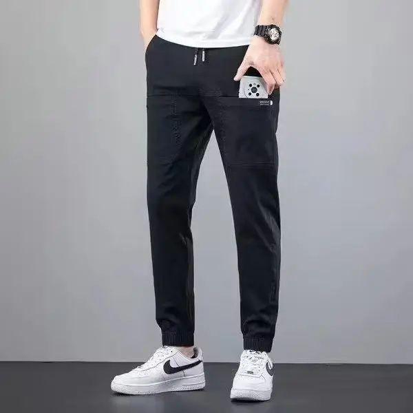 Men Dark Blue Elastic Waist Straight Leg Pants 2025