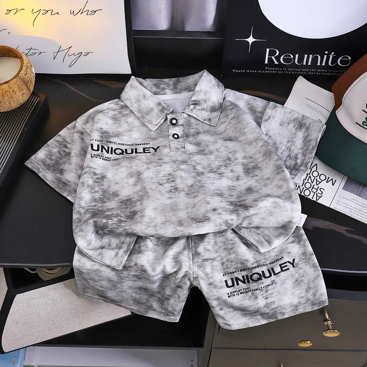 Children's Uniqule Polo Suit Grey Marmory Print - Image 4