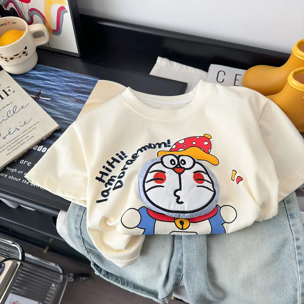 Children's Cartoon T-Shirt Cream 2025 Summer Loose Fit - Image 3
