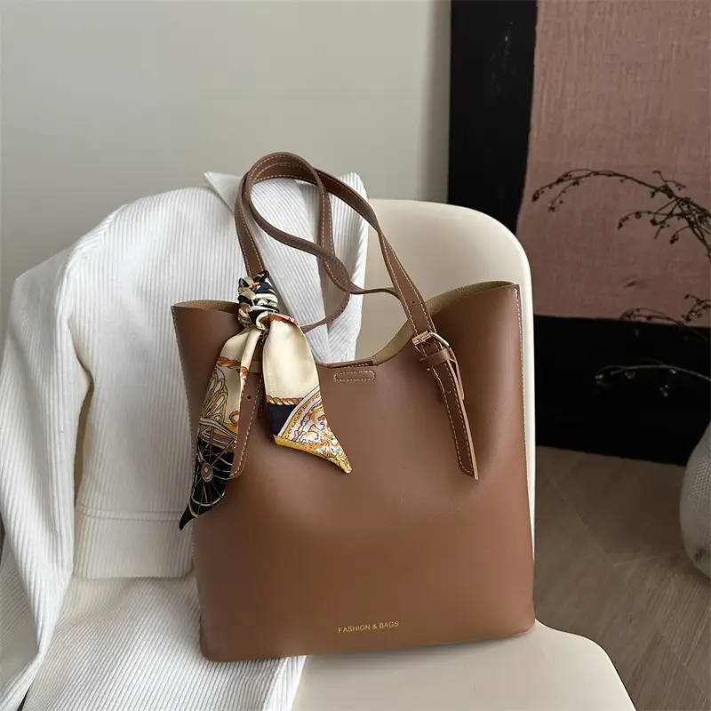 Elegant Brown Shoulder Bag for Women with Silk Bow - Image 5