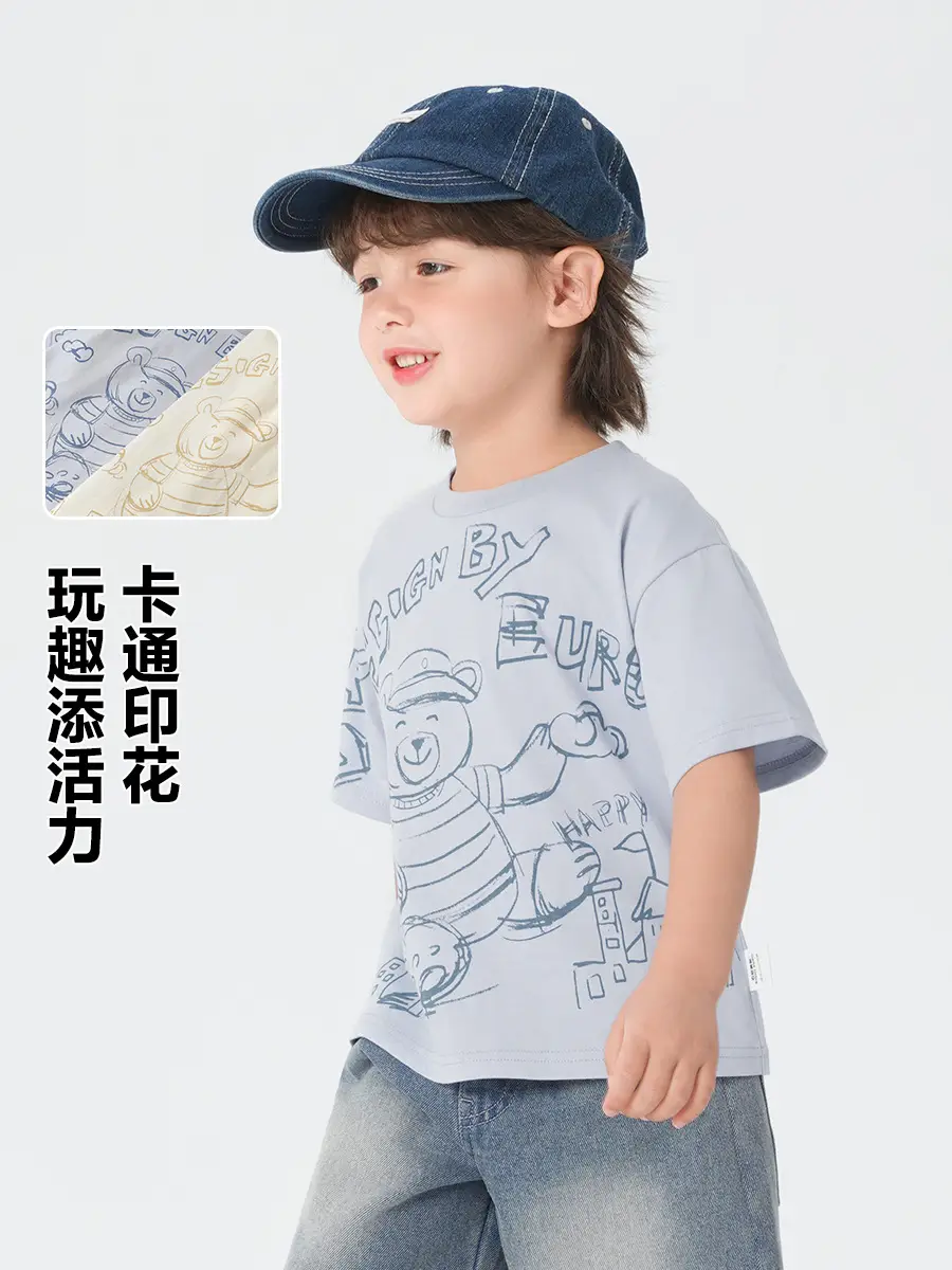 Right European Boys T-Shirt Summer Wear Light Gray Cartoon Print - Image 3
