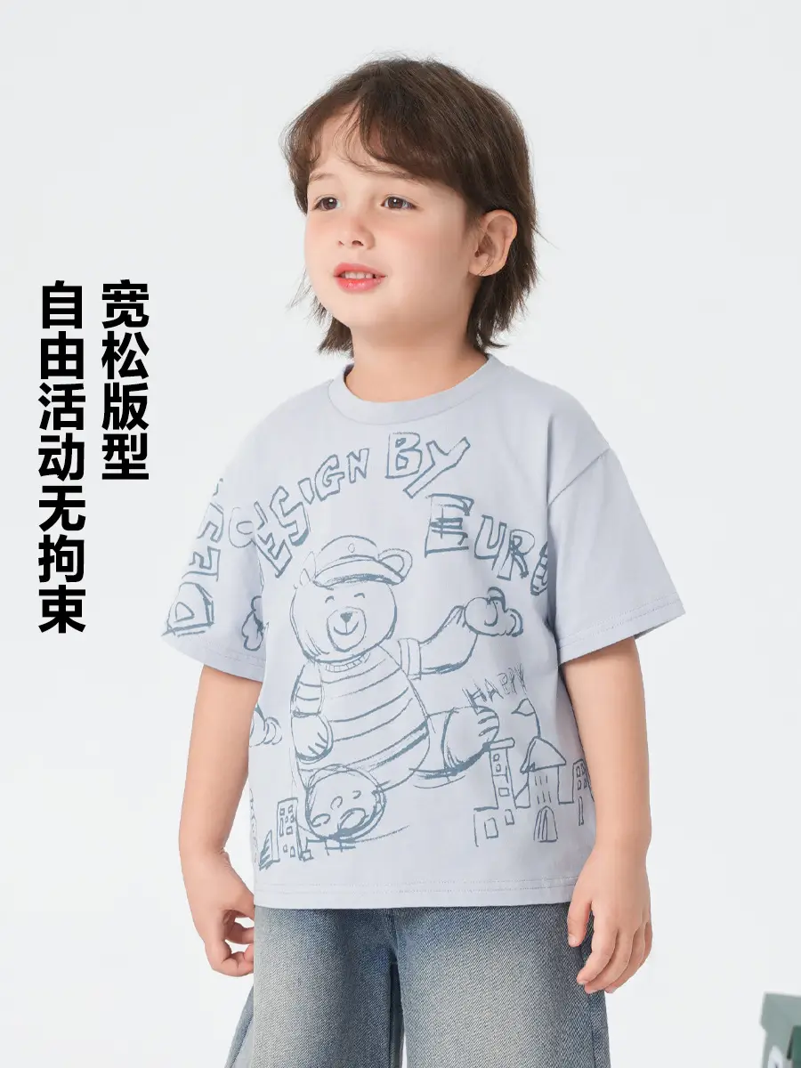 Right European Boys T-Shirt Summer Wear Light Gray Cartoon Print - Image 4