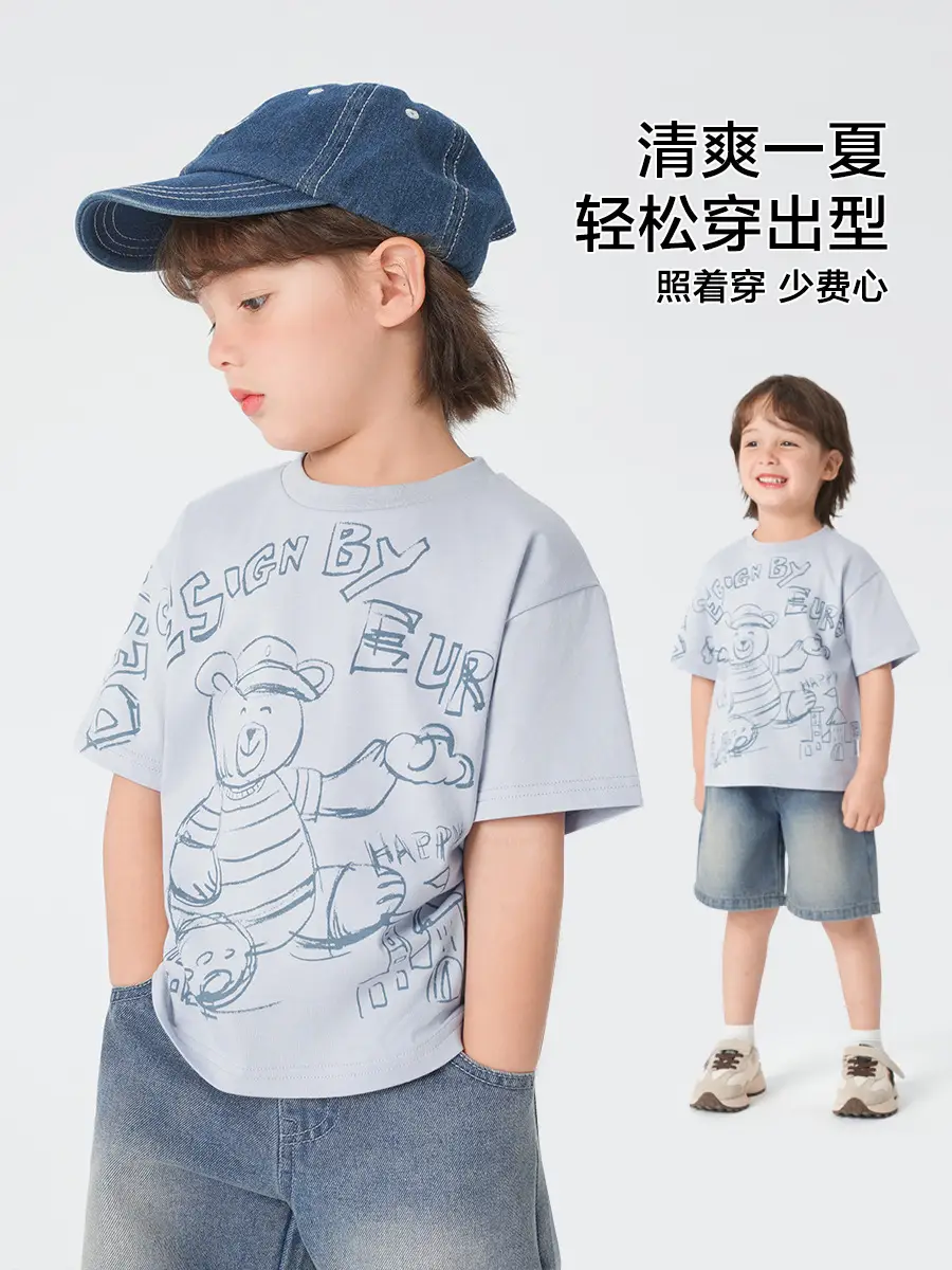 Right European Boys T-Shirt Summer Wear Light Gray Cartoon Print - Image 5