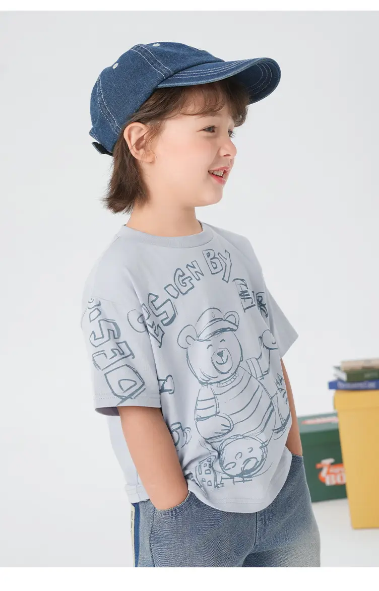 Right European Boys T-Shirt Summer Wear Light Gray Cartoon Print — feature 21
