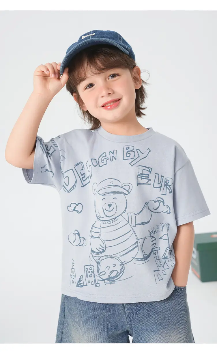 Right European Boys T-Shirt Summer Wear Light Gray Cartoon Print — feature 3