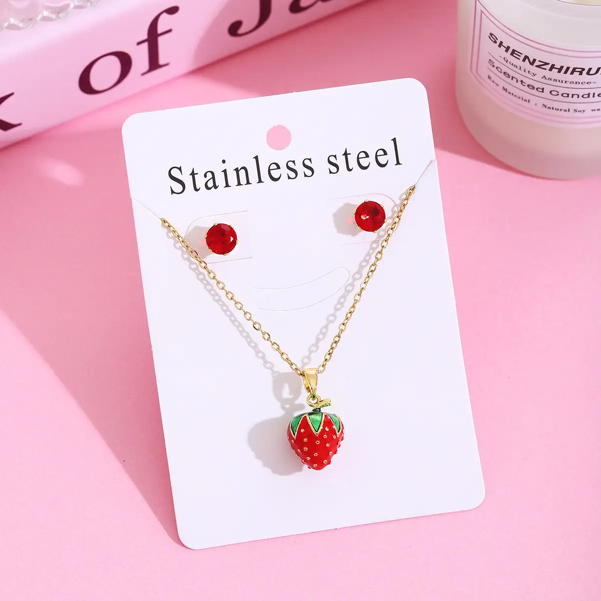 Strawberry Cherry Necklace Earrings Set for Women