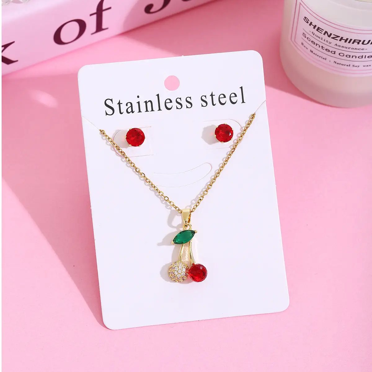 Strawberry Cherry Necklace Earrings Set for Women
