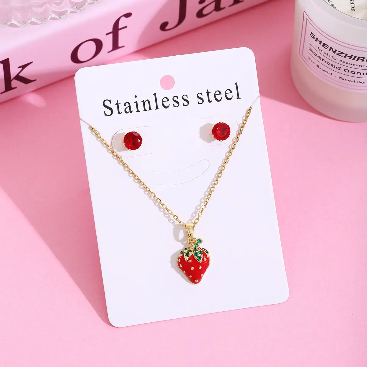 Strawberry Cherry Necklace Earrings Set for Women