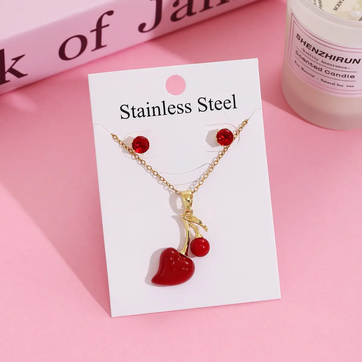 Strawberry Cherry Necklace Earrings Set for Women
