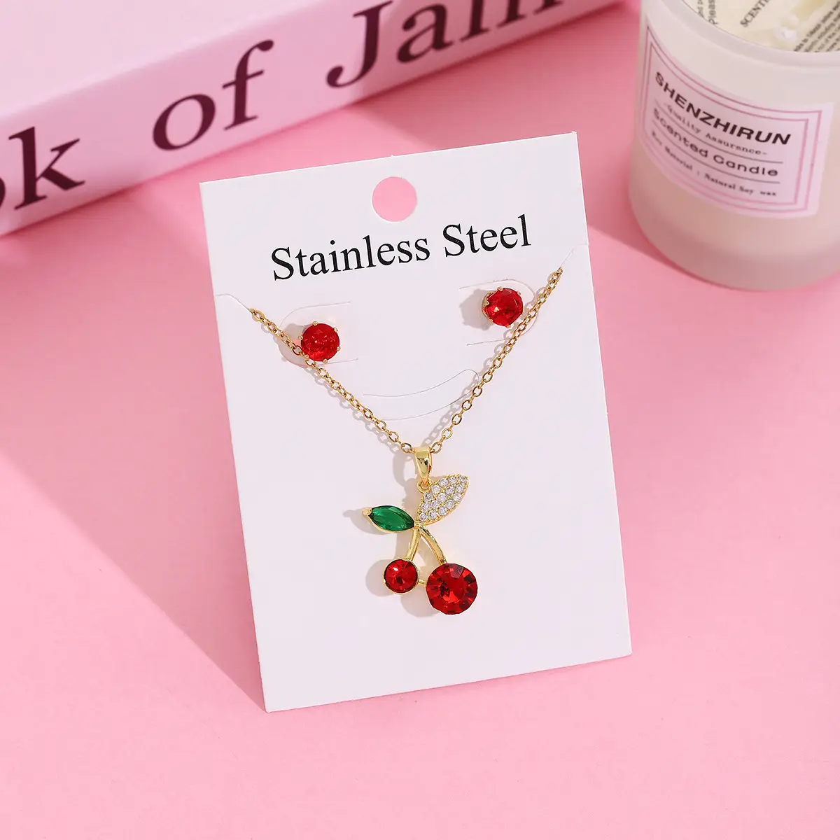 Strawberry Cherry Necklace Earrings Set for Women
