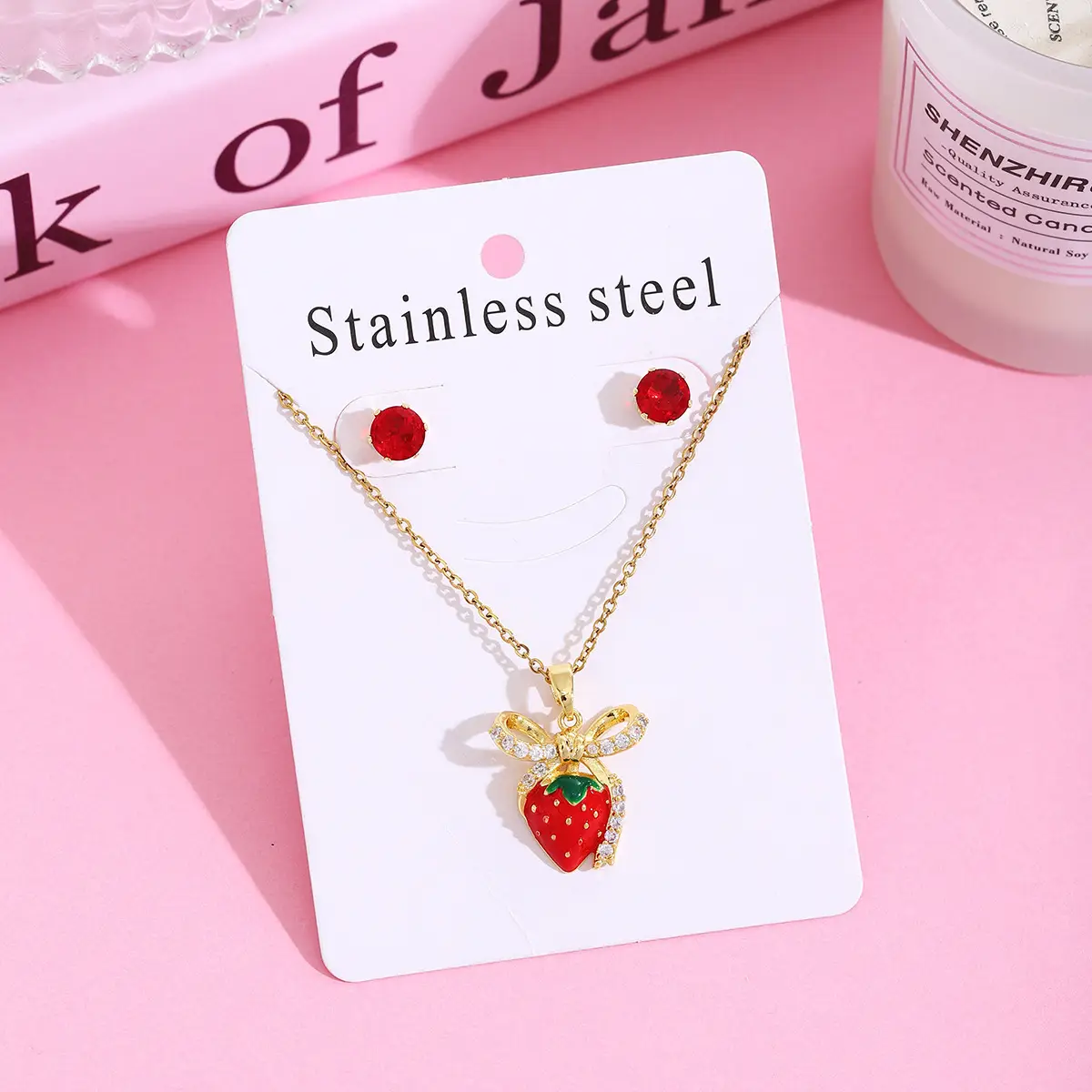 Strawberry Cherry Necklace Earrings Set for Women