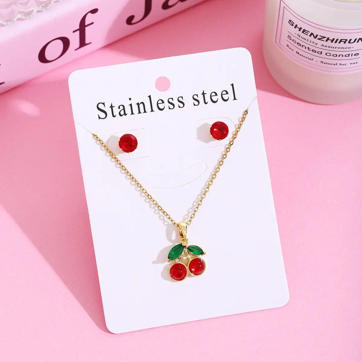 Strawberry Cherry Necklace Earrings Set for Women