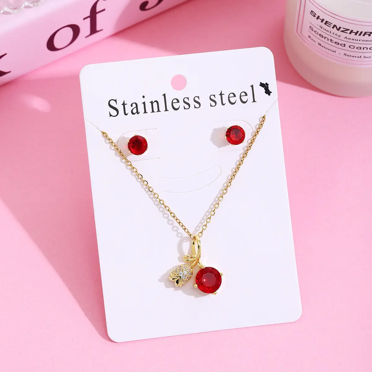 Strawberry Cherry Necklace Earrings Set for Women