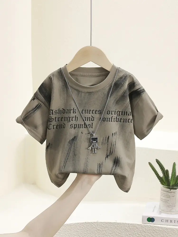 7907 Boys Cotton T-Shirt White Grey Print Summer 2024 - Image 2