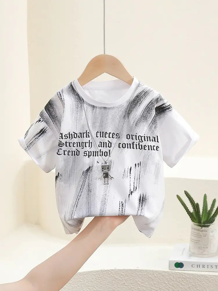 7907 Boys Cotton T-Shirt White Grey Print Summer 2024 - Image 3