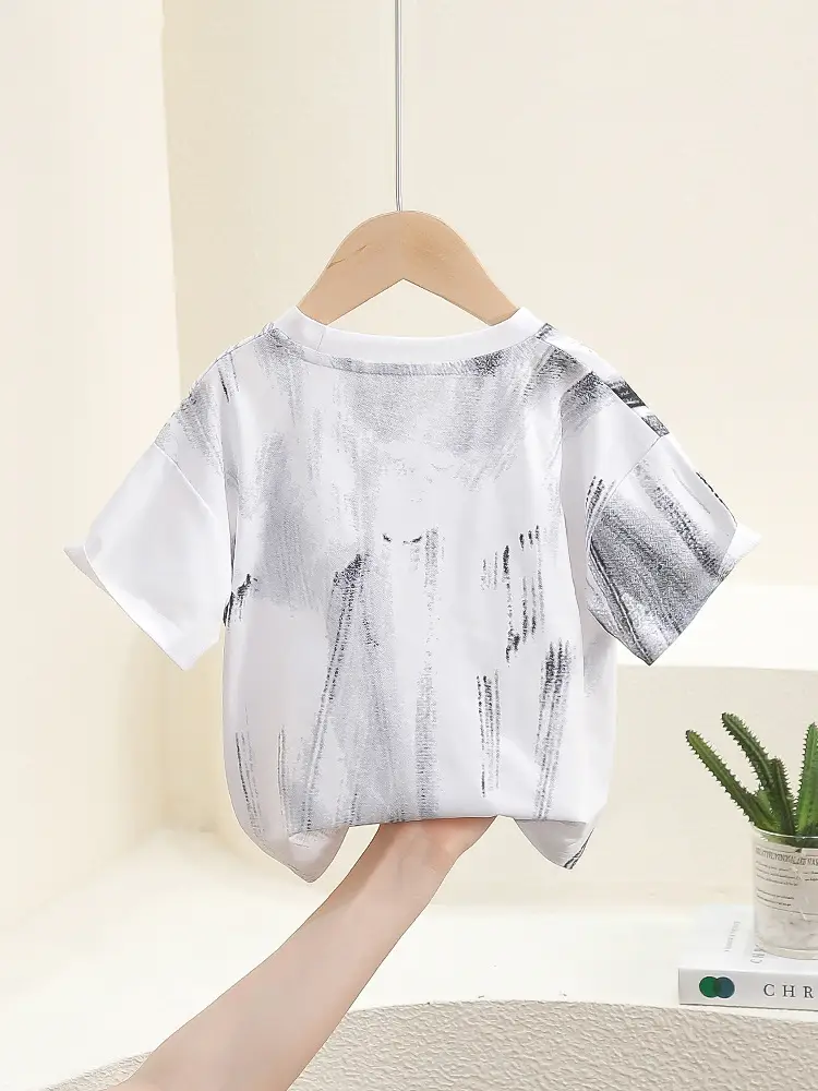 7907 Boys Cotton T-Shirt White Grey Print Summer 2024 - Image 4