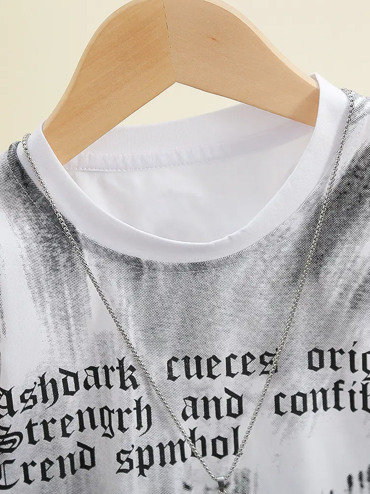 7907 Boys Cotton T-Shirt White Grey Print Summer 2024 - Image 5
