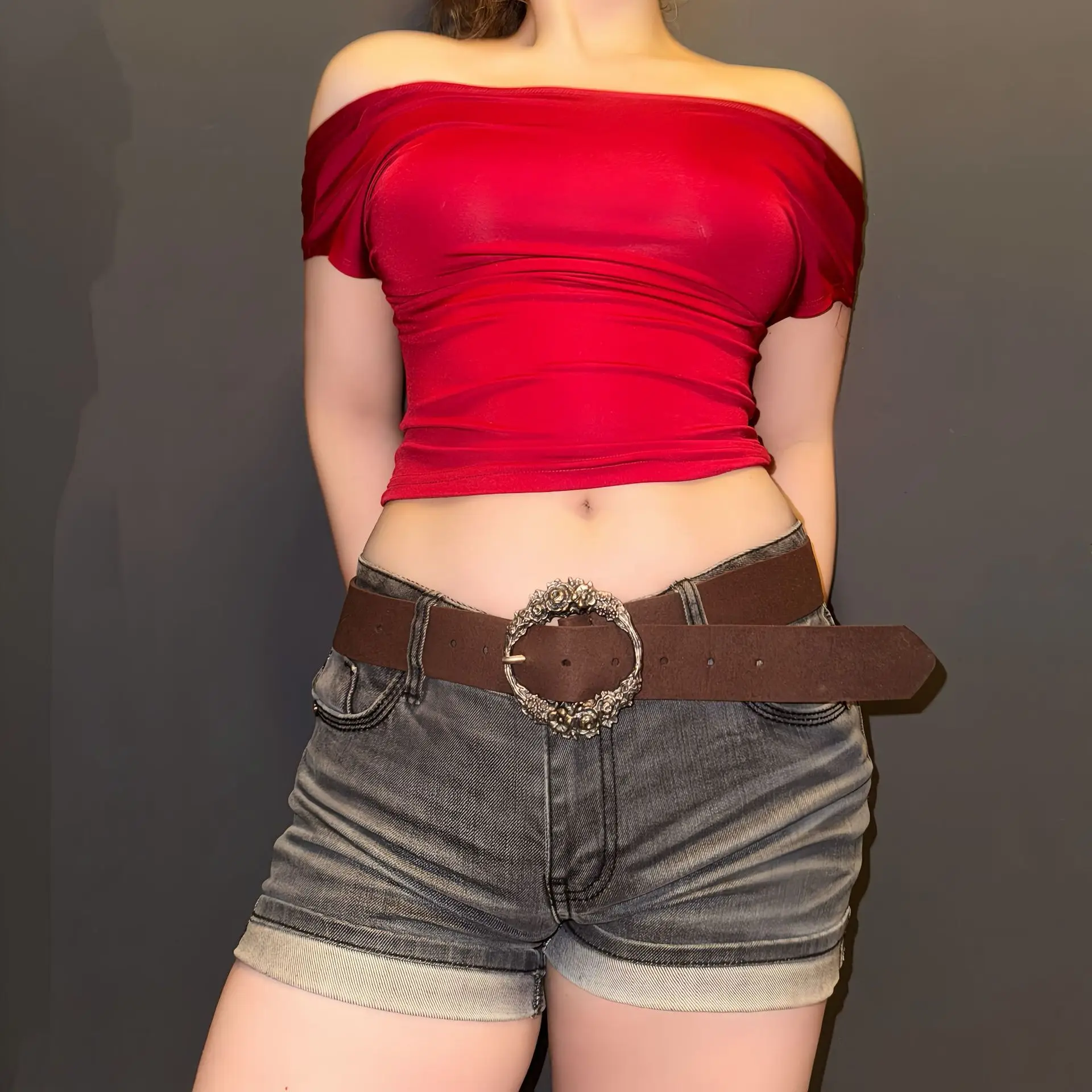 Red Off-The-Back Top with Yellow Belt & Dark Shorts - Image 15