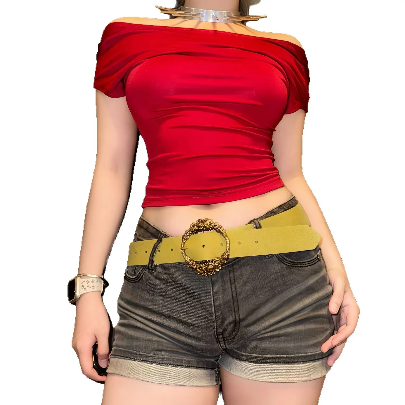 Red Off-The-Back Top with Yellow Belt & Dark Shorts - Image 16