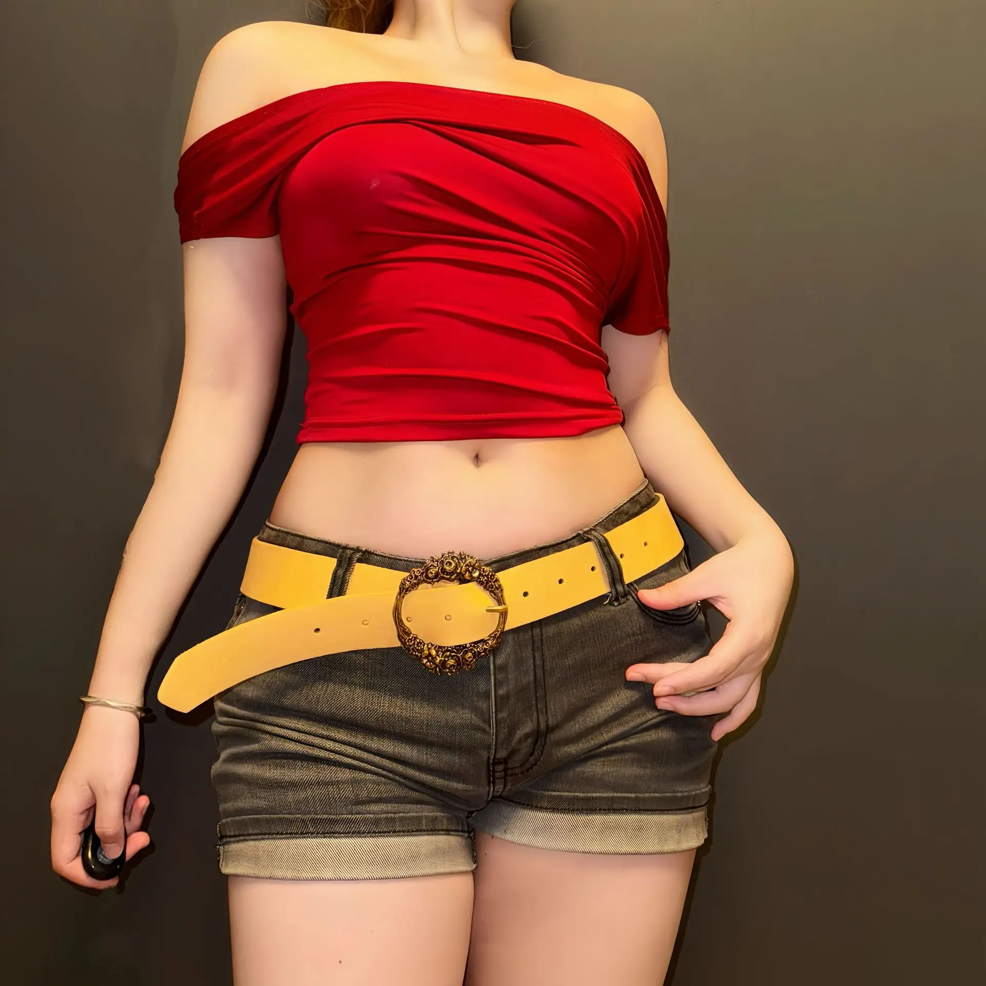 Red Off-The-Back Top with Yellow Belt & Dark Shorts — feature 1