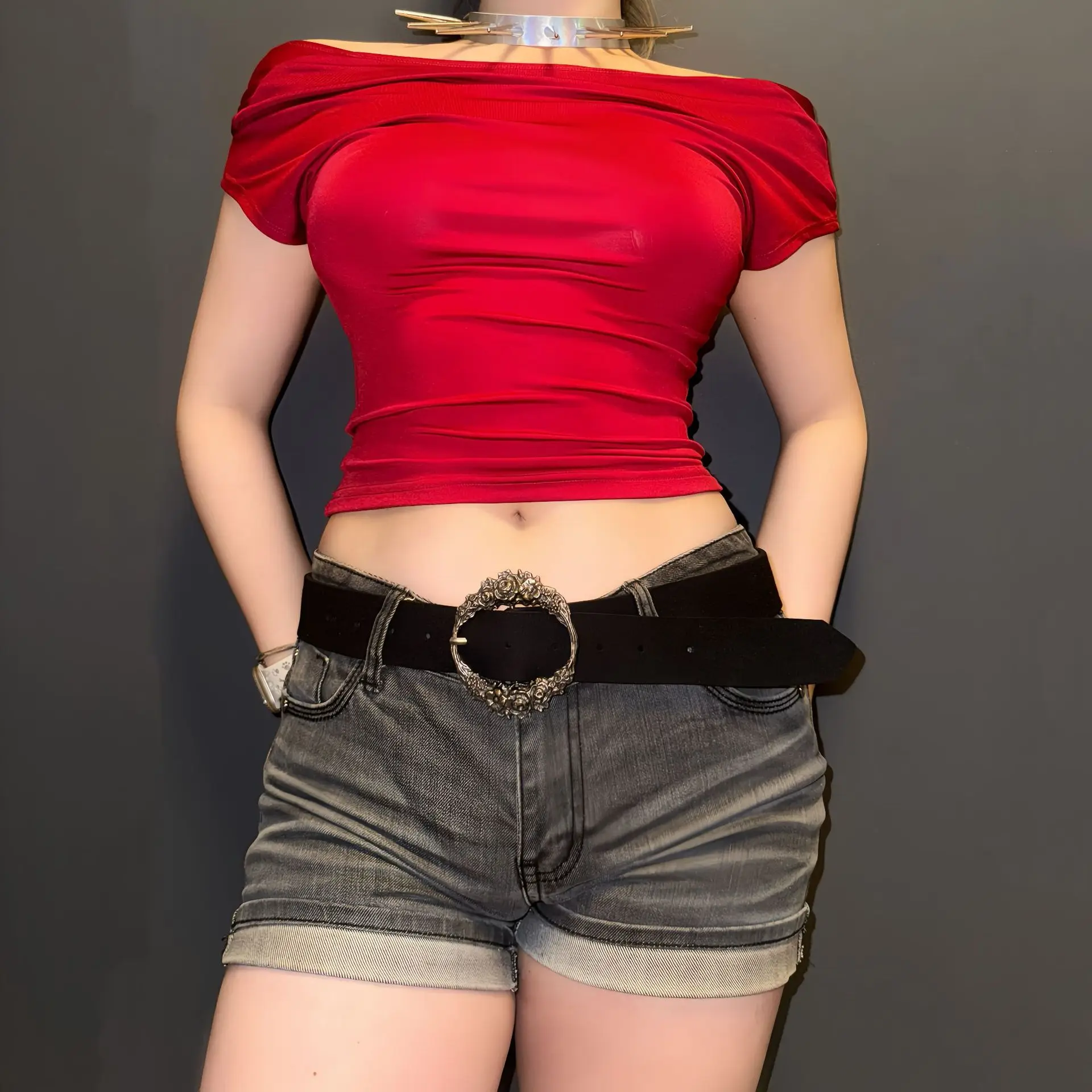 Red Off-The-Back Top with Yellow Belt & Dark Shorts — feature 10