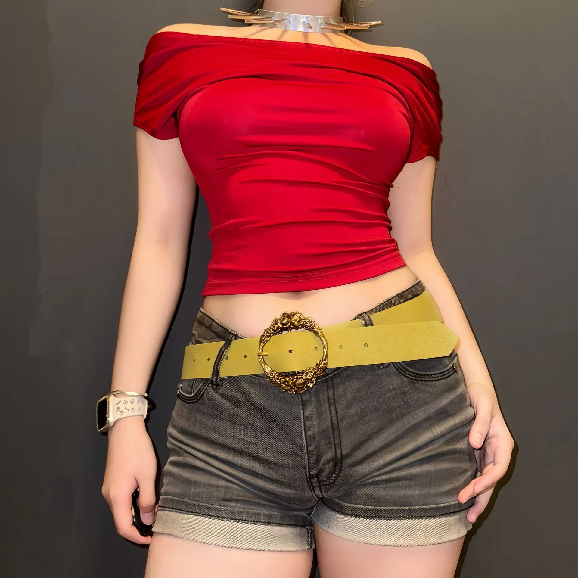 Red Off-The-Back Top with Yellow Belt & Dark Shorts — feature 11