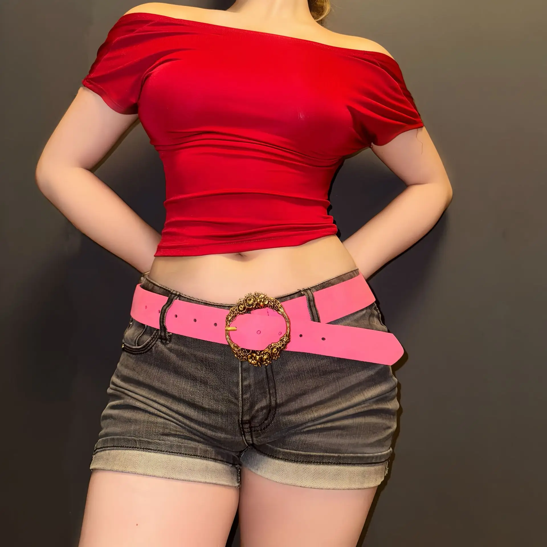Red Off-The-Back Top with Yellow Belt & Dark Shorts — feature 3