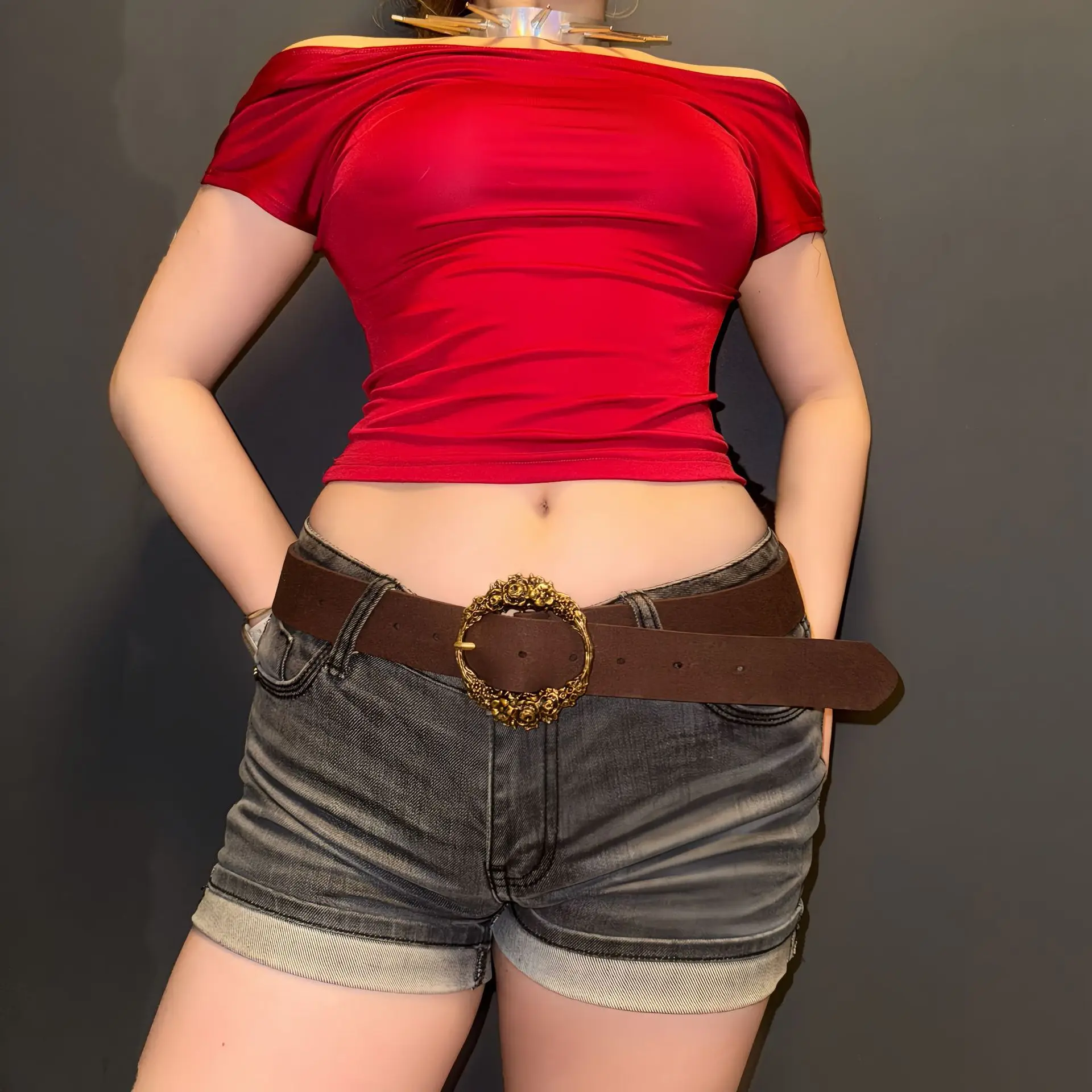 Red Off-The-Back Top with Yellow Belt & Dark Shorts — feature 8