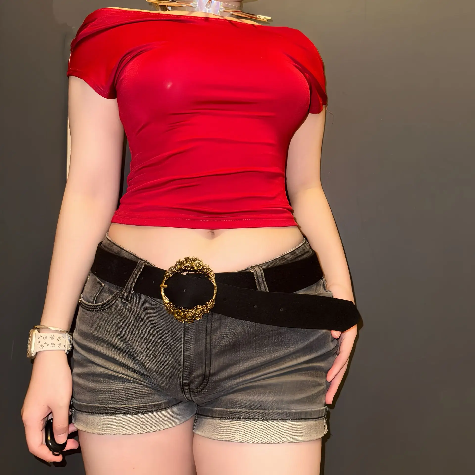 Red Off-The-Back Top with Yellow Belt & Dark Shorts — feature 9