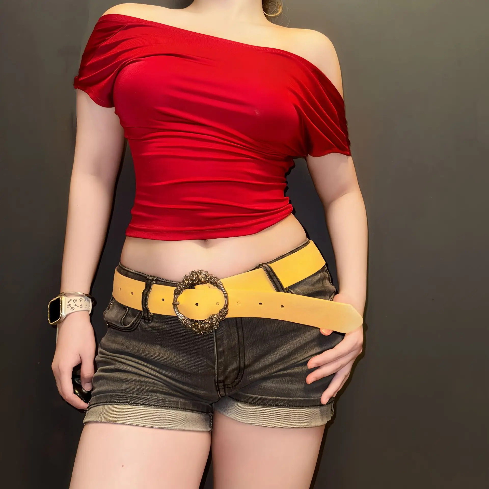 Red Off-The-Back Top with Yellow Belt & Dark Shorts