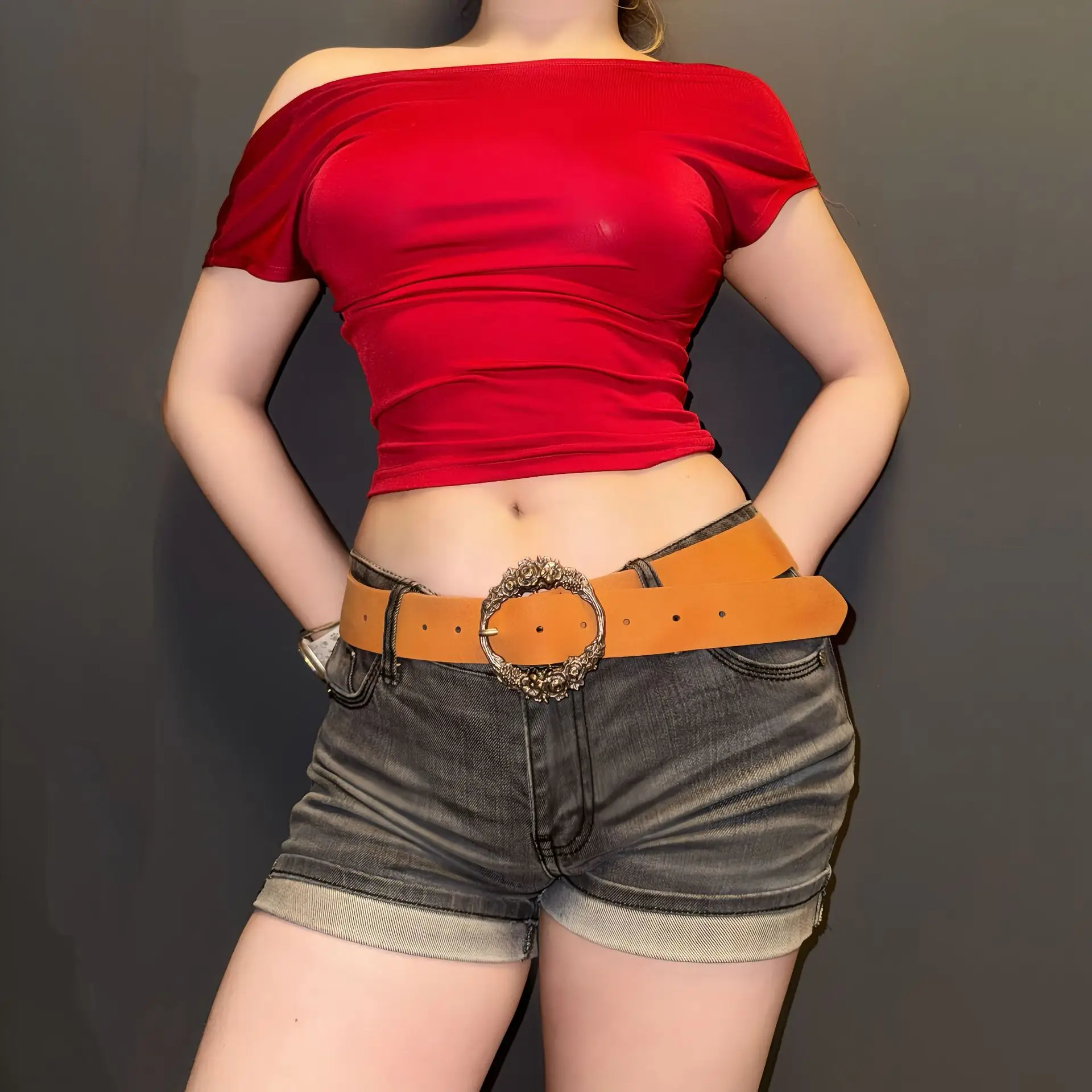 Red Off-The-Back Top with Yellow Belt & Dark Shorts - Image 4
