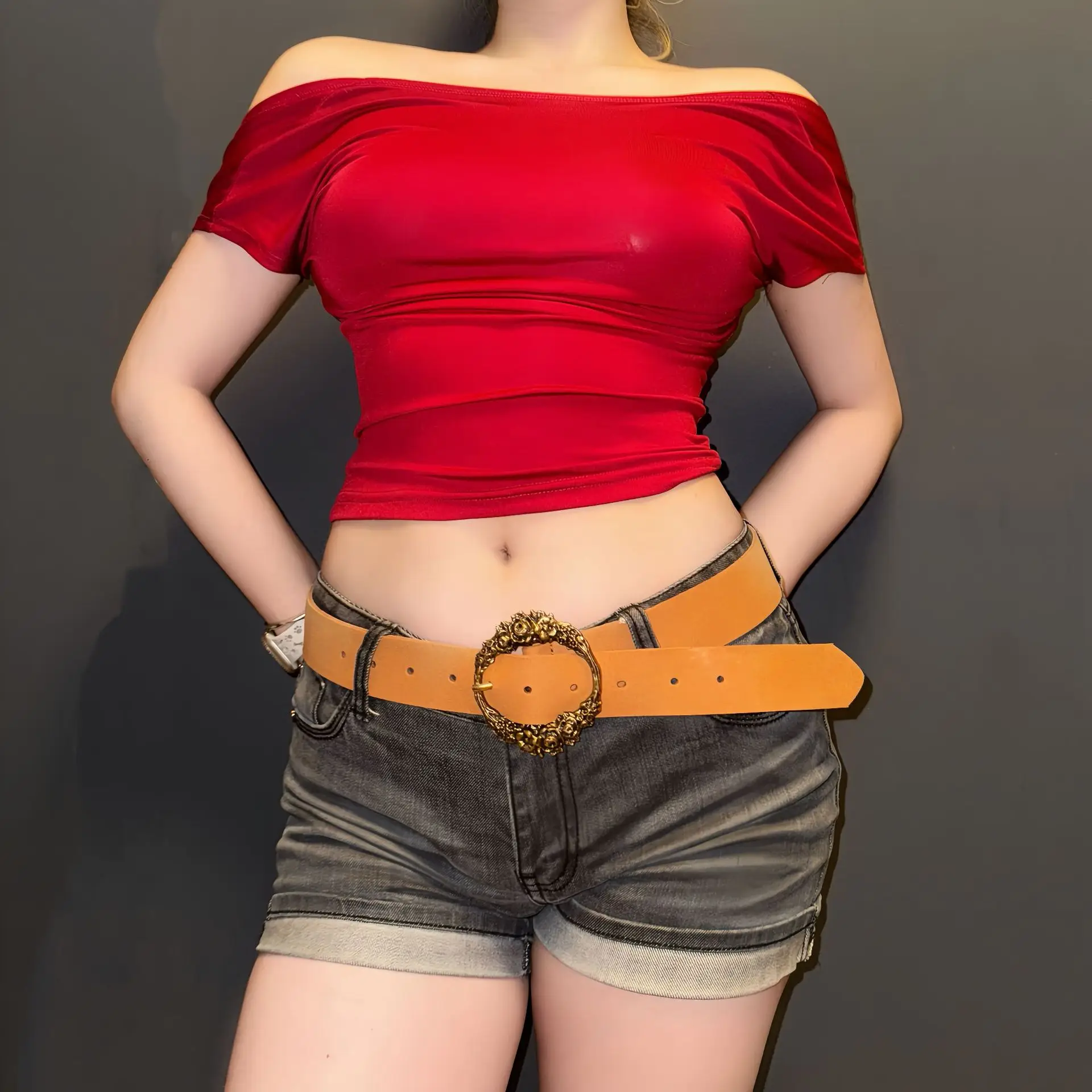Red Off-The-Back Top with Yellow Belt & Dark Shorts - Image 5