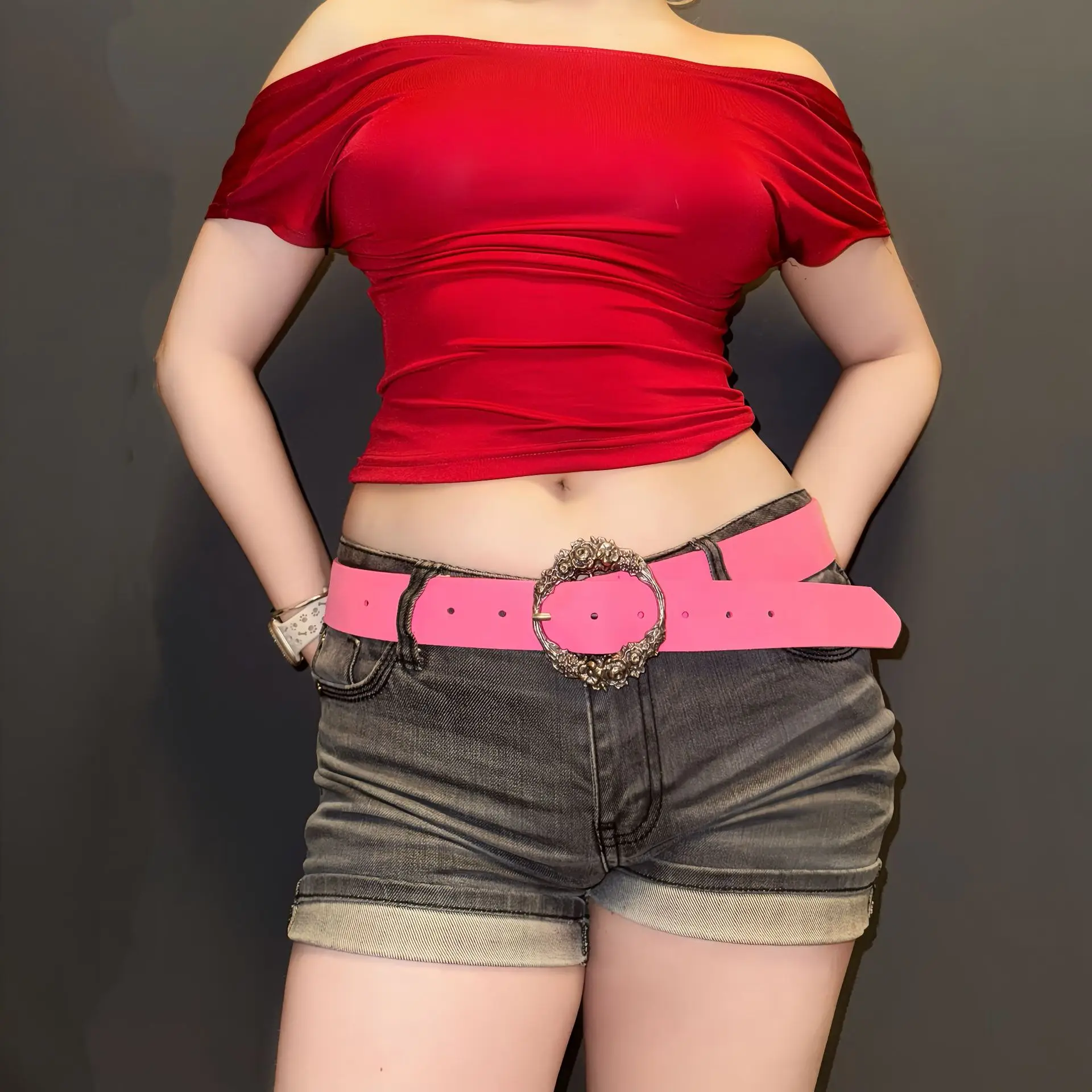 Red Off-The-Back Top with Yellow Belt & Dark Shorts - Image 6