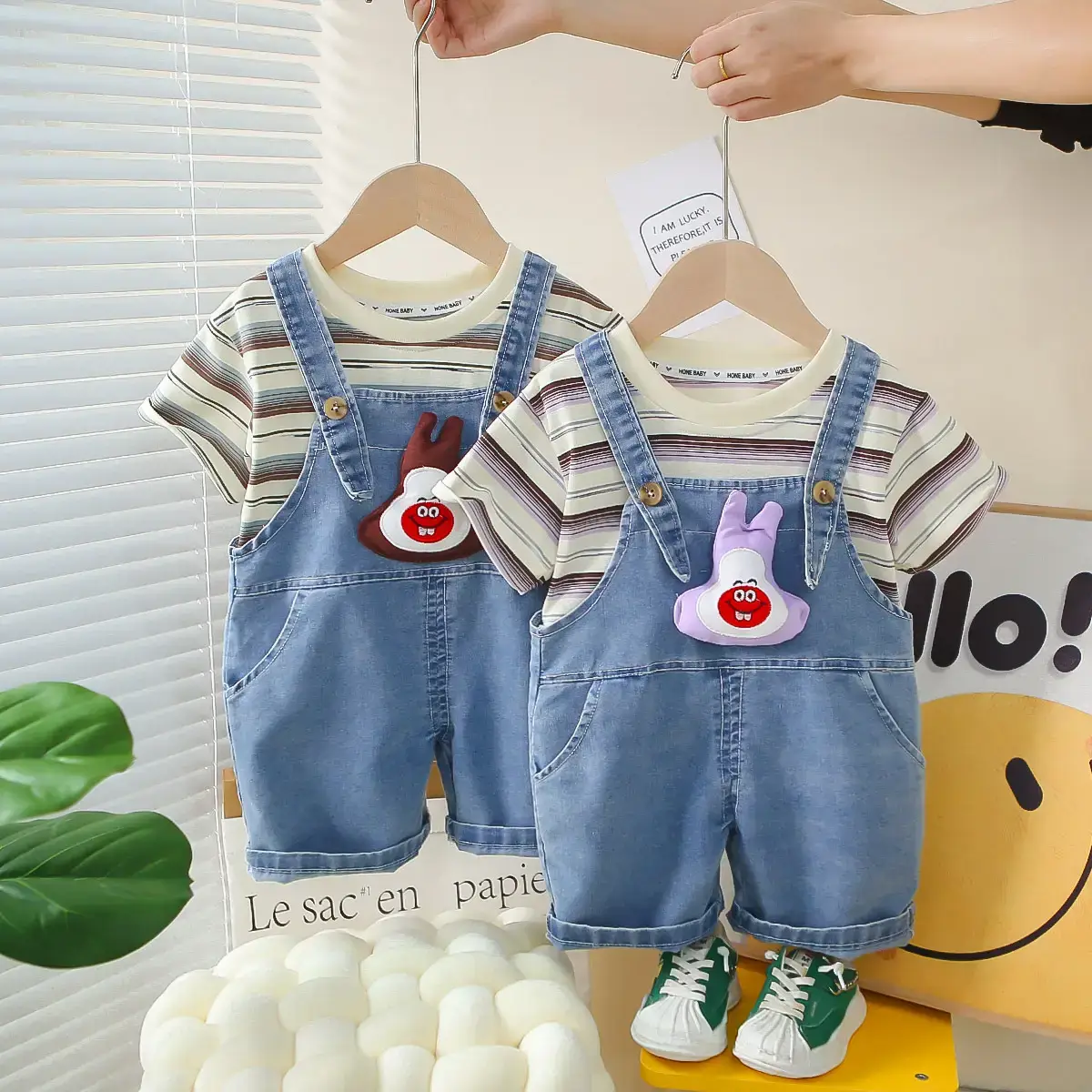 Boys Summer Suit 2025 Striped T-Shirt Suspenders Two-Piece Set 1-5Y - Image 3