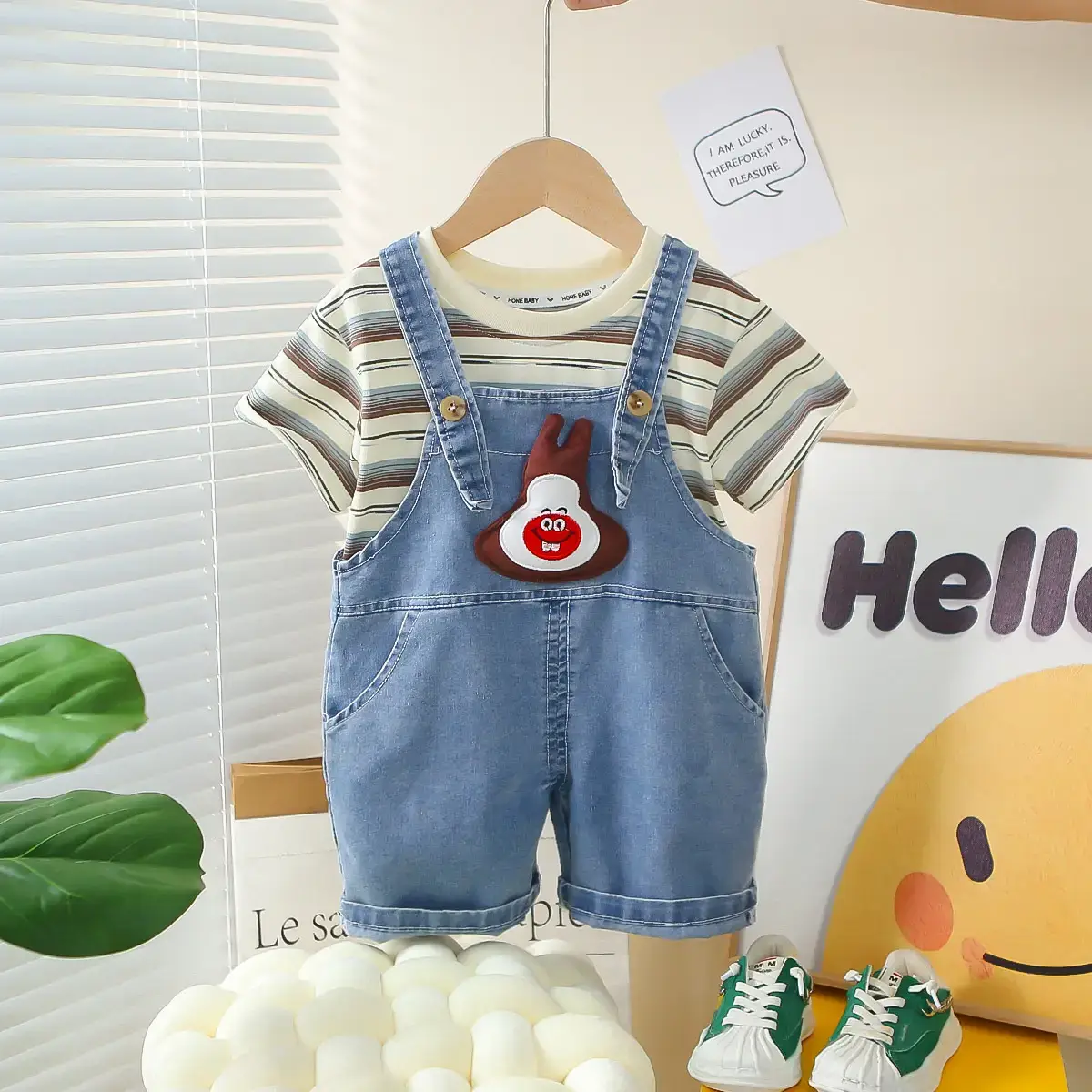 Boys Summer Suit 2025 Striped T-Shirt Suspenders Two-Piece Set 1-5Y - Image 5