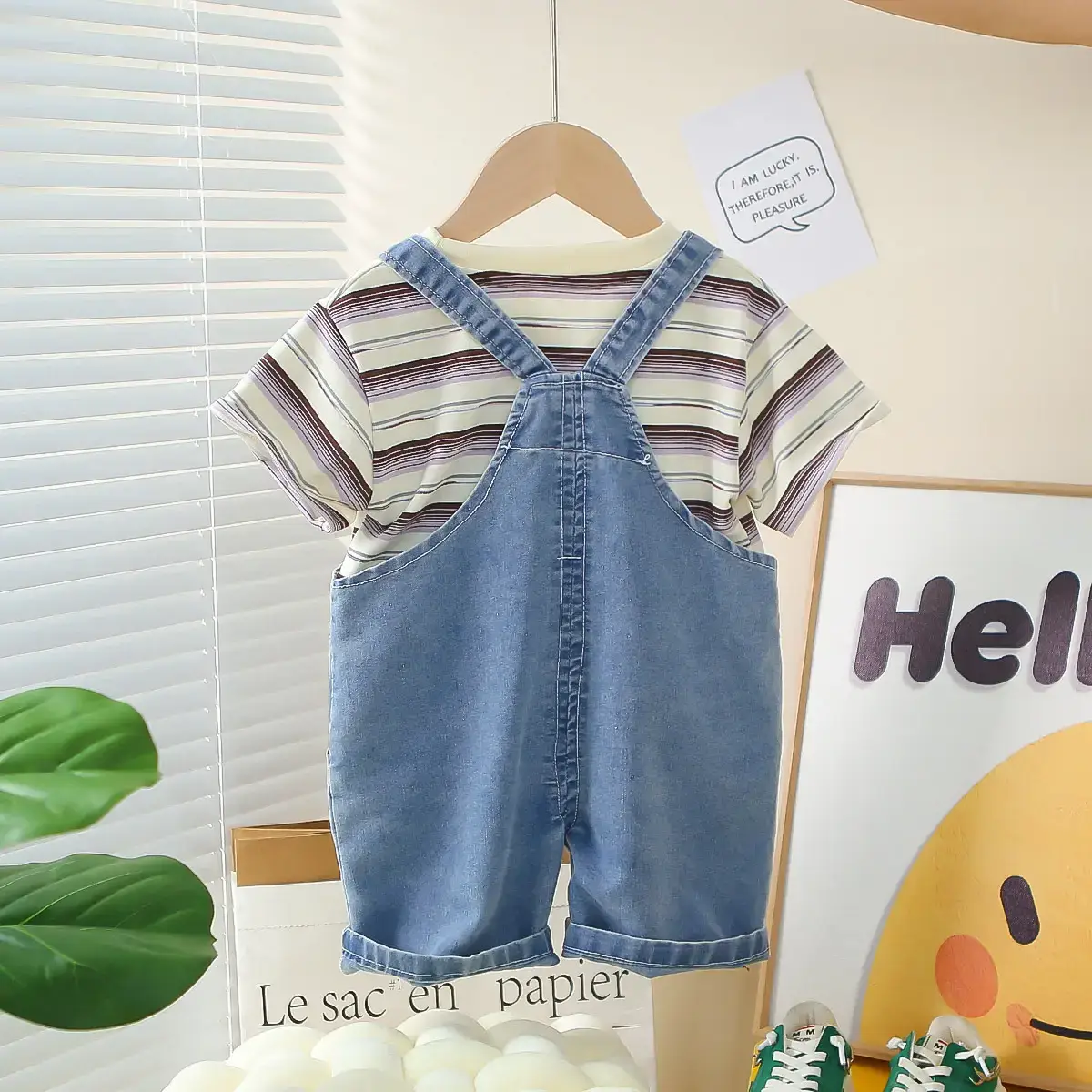 Boys Summer Suit 2025 Striped T-Shirt Suspenders Two-Piece Set 1-5Y - Image 6