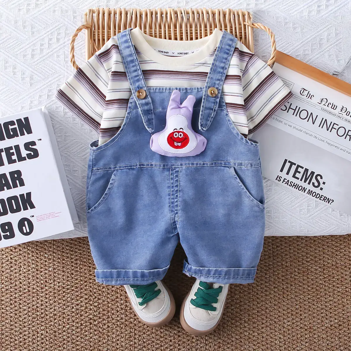 Boys Summer Suit 2025 Striped T-Shirt Suspenders Two-Piece Set 1-5Y — feature 4