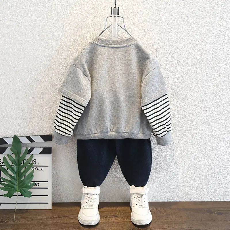 Boys Grey Sweatshirt Set with Striped Sleeves & White Boots - Image 3