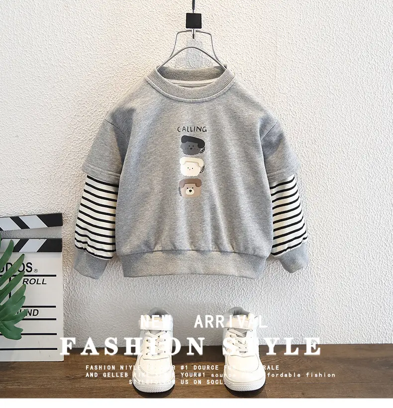 Boys Grey Sweatshirt Set with Striped Sleeves & White Boots — feature 1