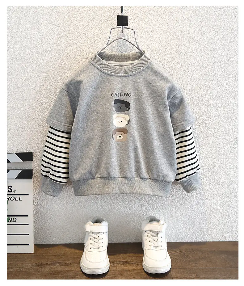 Boys Grey Sweatshirt Set with Striped Sleeves & White Boots — feature 7