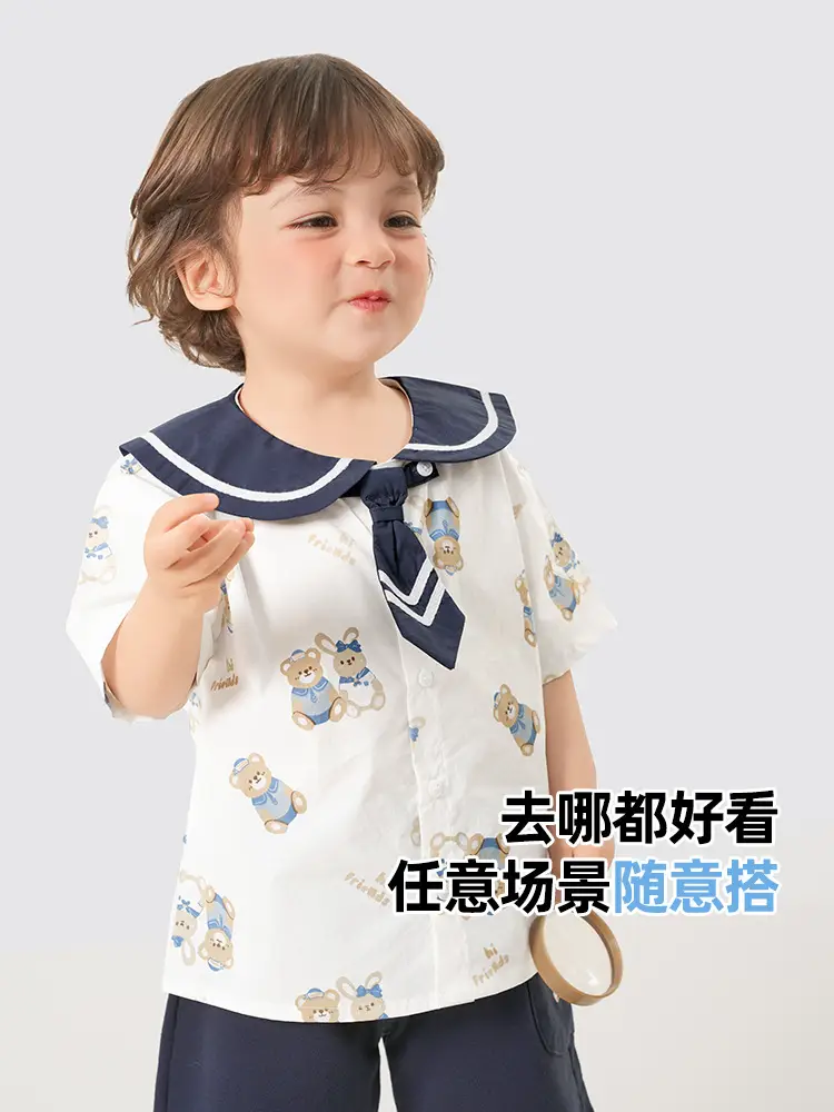 Girls Short Sleeve T-Shirt White Blue Kids Summer Wear