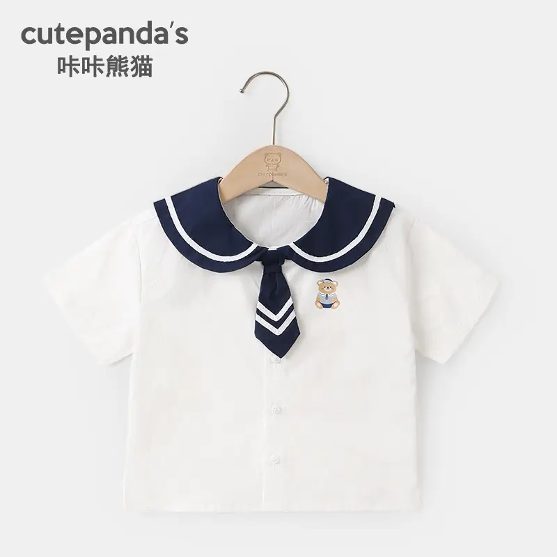 Girls Short Sleeve T-Shirt White Blue Kids Summer Wear