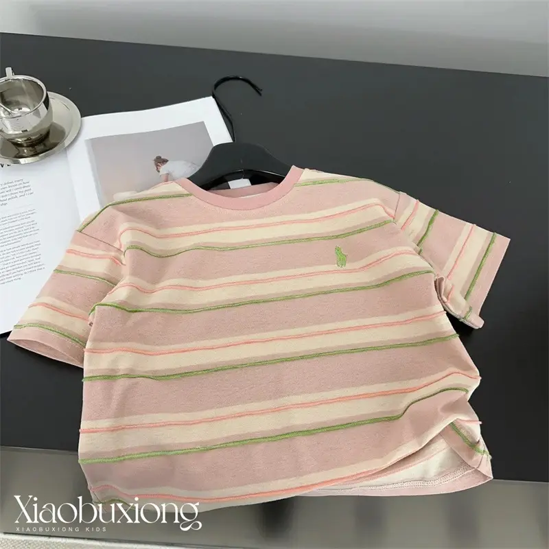 Children Striped Cotton T-Shirt Pink Green