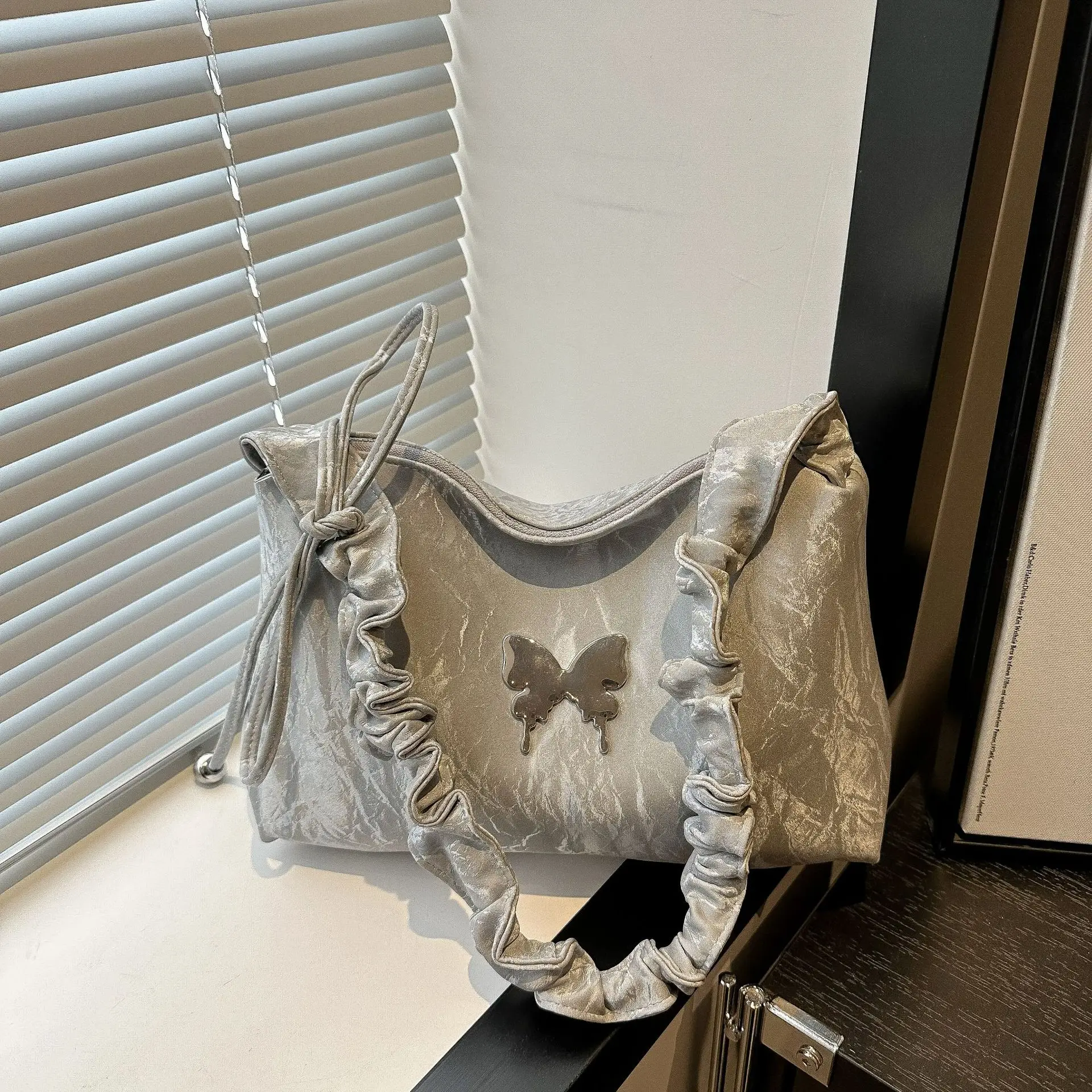 Silver Ruffled Shoulder Crossbody Bag for Women - Image 3